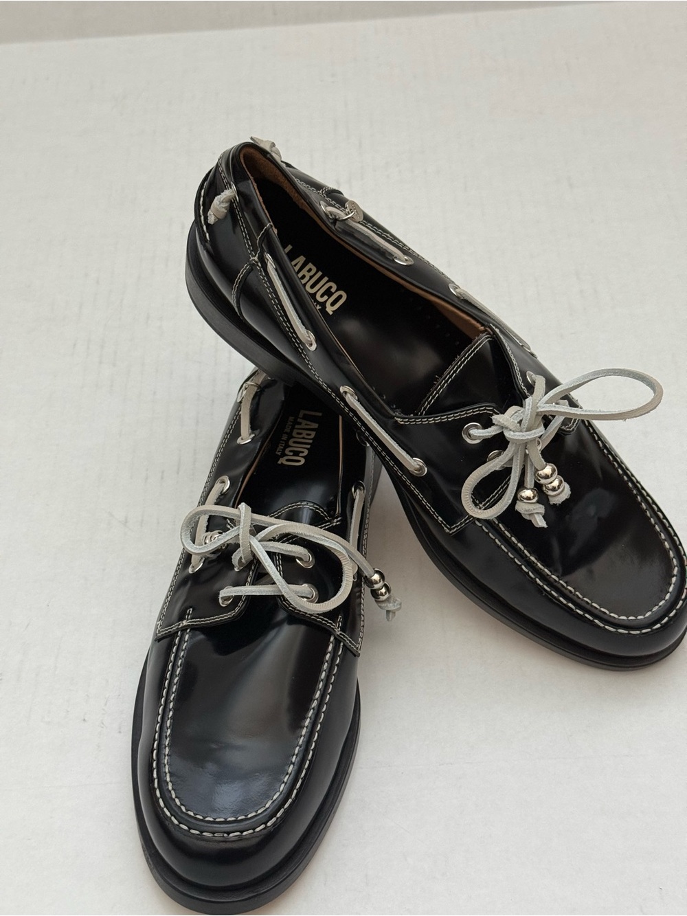 Labucq Black Leather Boat Loafer with White Laces Size 42 or 10.5 - Picture 9 of 13
